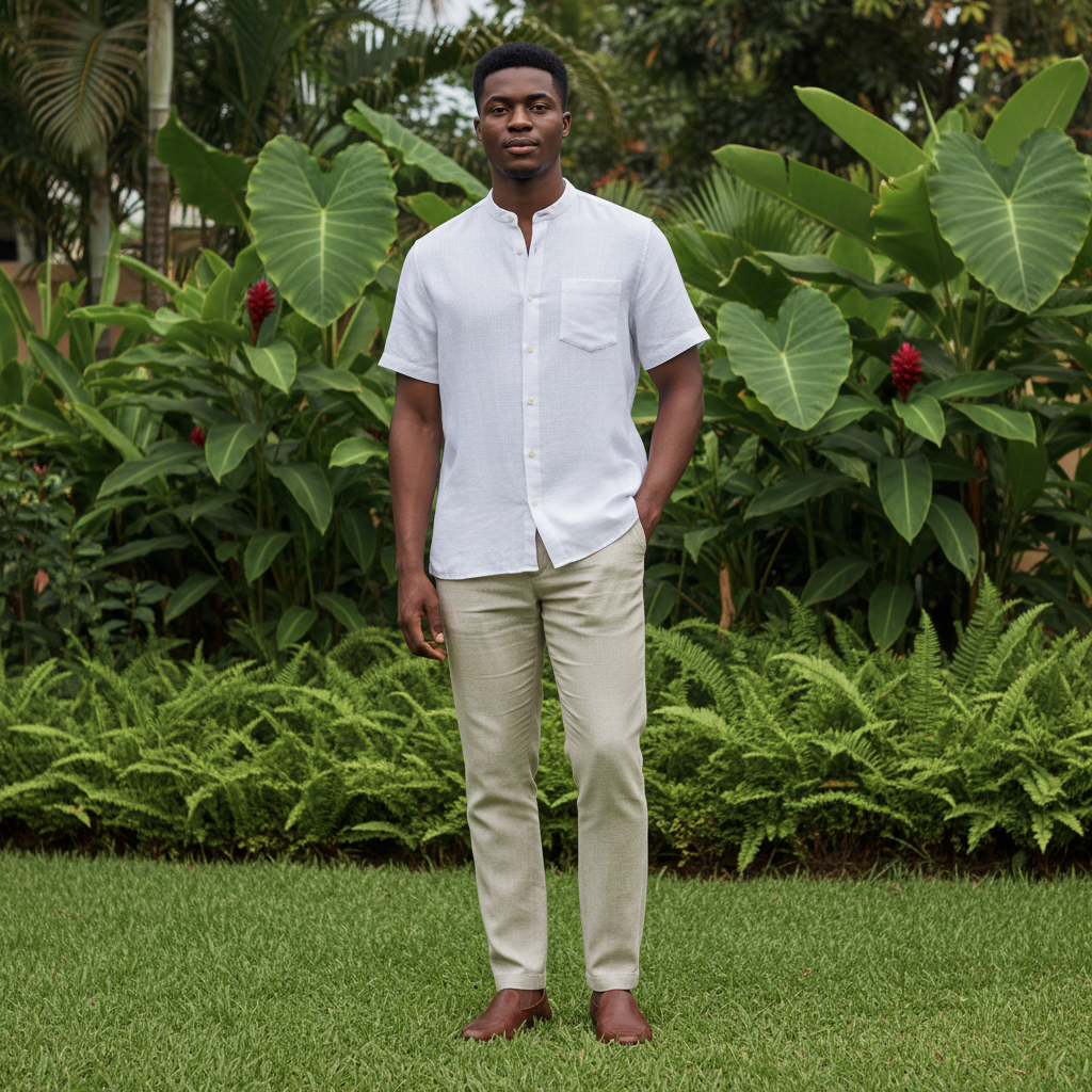 Front View – White Mandarin Collar Linen Shirt