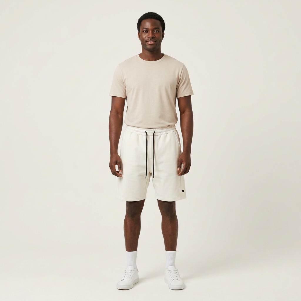 Full-body Black adult model wearing white drawstring shorts