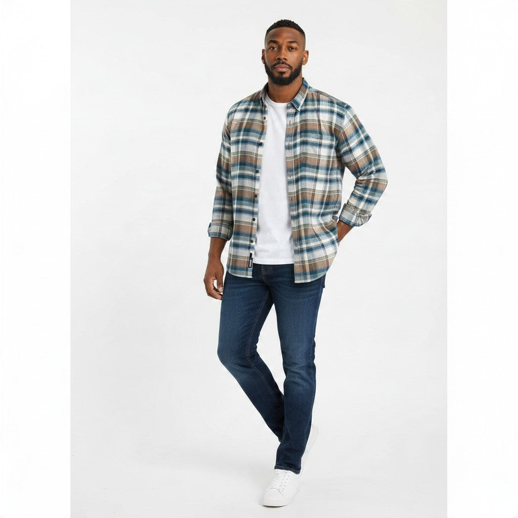 Teal & Brown Plaid Long-Sleeve Lumberjack Shirt