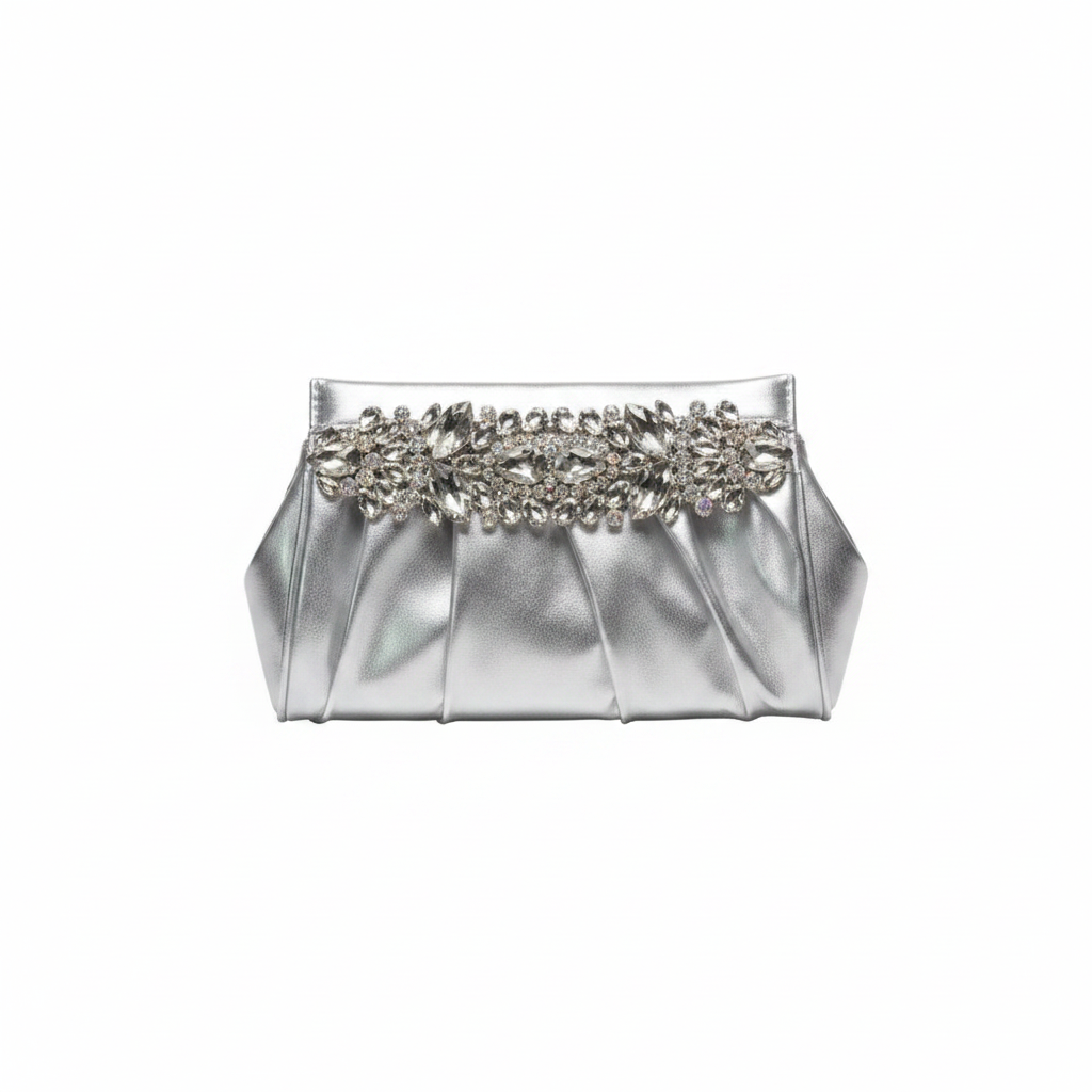 Ruched Metallic Crystal Brooch Clutch