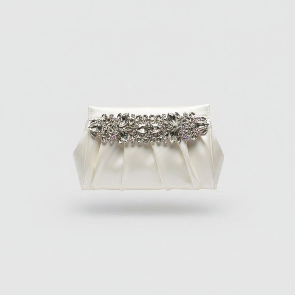 Ruched Metallic Crystal Brooch Clutch