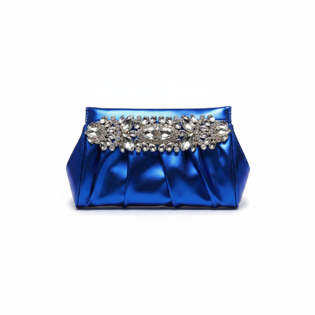 Ruched Metallic Crystal Brooch Clutch