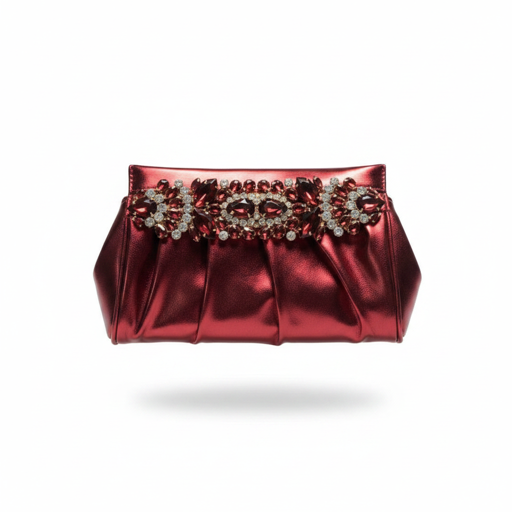 Ruched Metallic Crystal Brooch Clutch