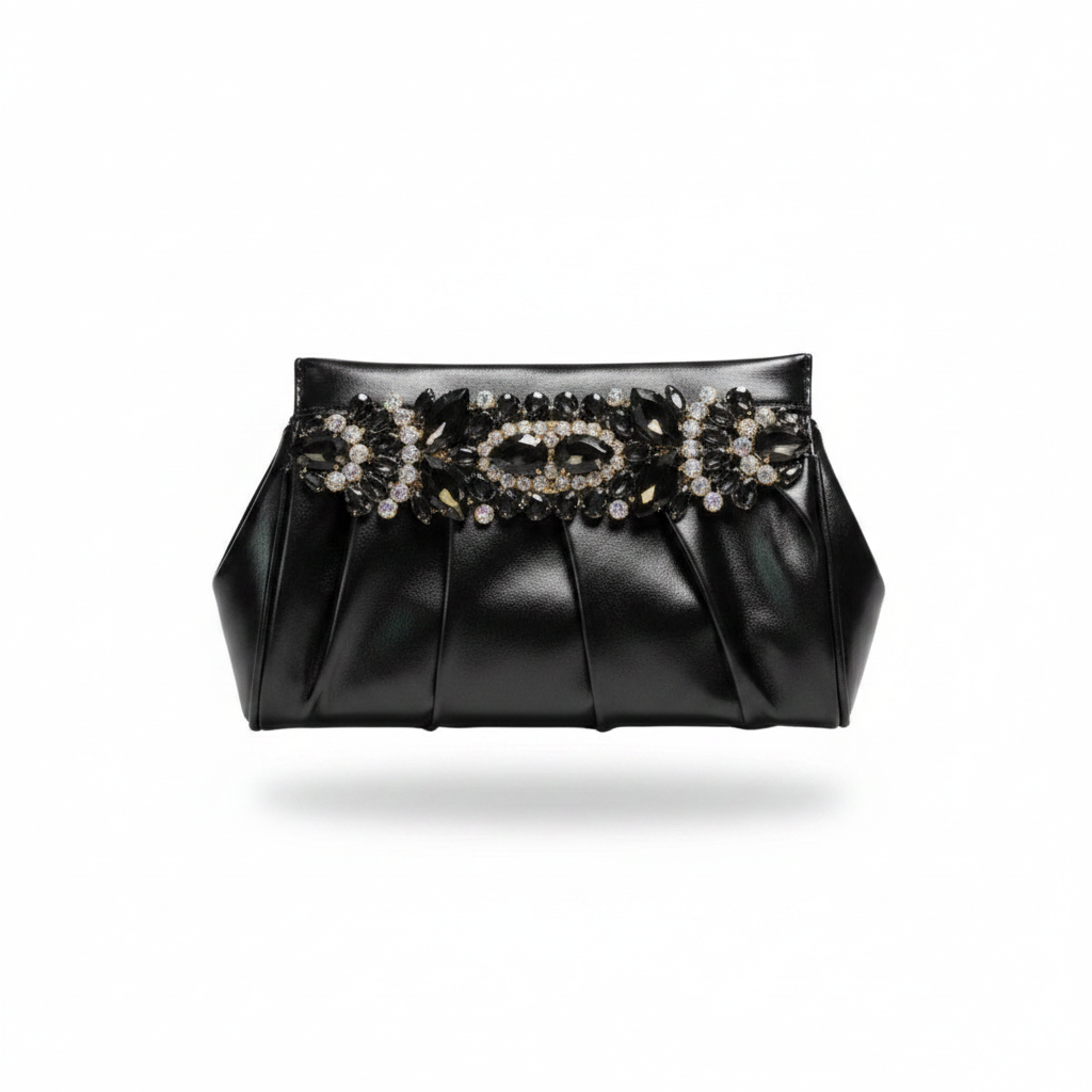 Ruched Metallic Crystal Brooch Clutch