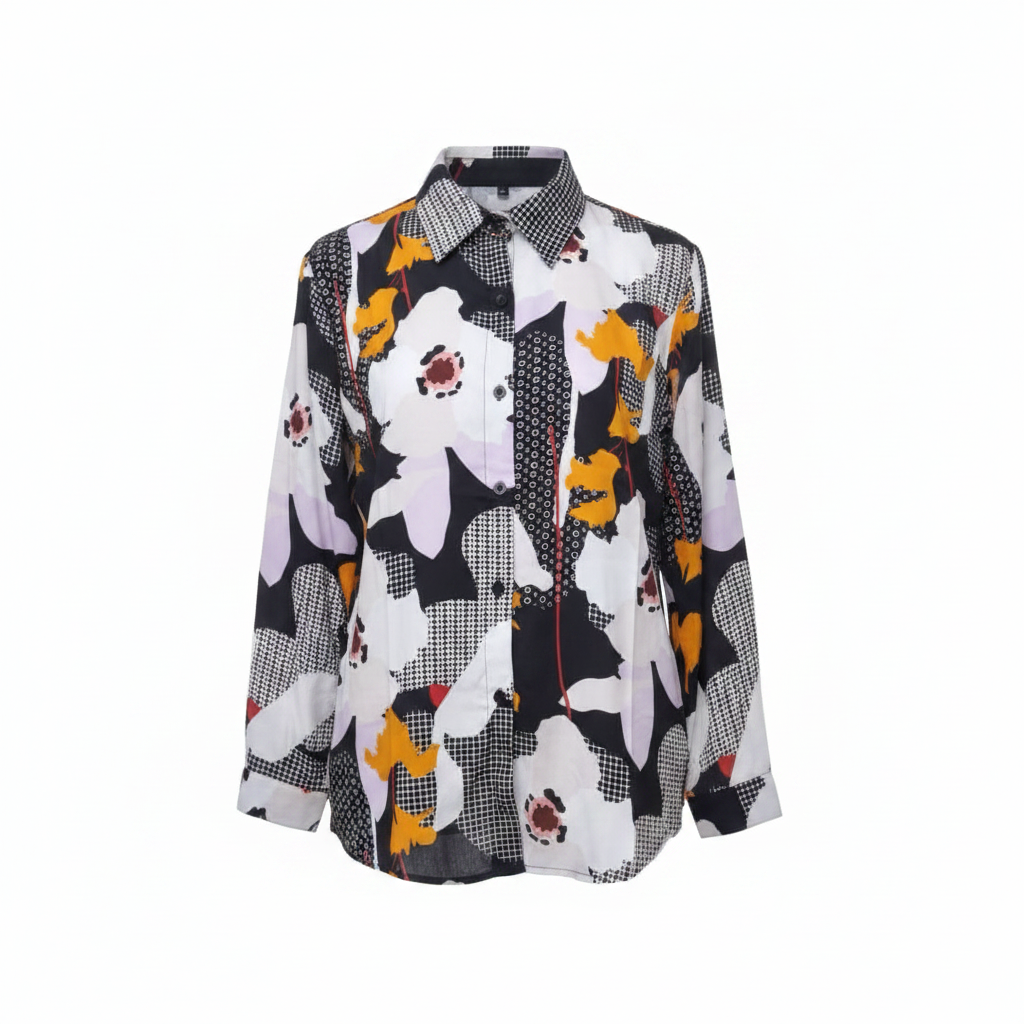 Women's Bold Abstract Floral Print Long-Sleeve Button-Down Shirt