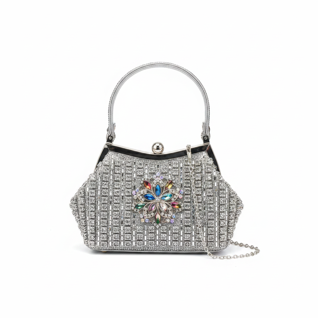 Crystal Grid Brooch Frame Handbag – Gold