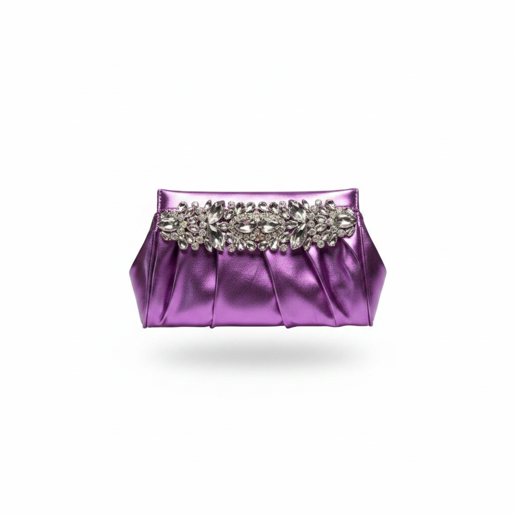 Ruched Metallic Crystal Brooch Clutch