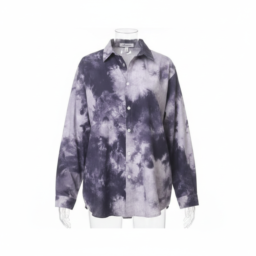 Women's Grey Navy Tie-Dye Oversized Long-Sleeve Button-Down Shirt