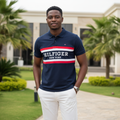 Men's Navy Blue Red White Stripe New York Print Short-Sleeve Polo Shirt