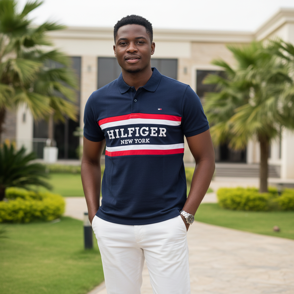 Men's Navy Blue Red White Stripe New York Print Short-Sleeve Polo Shirt