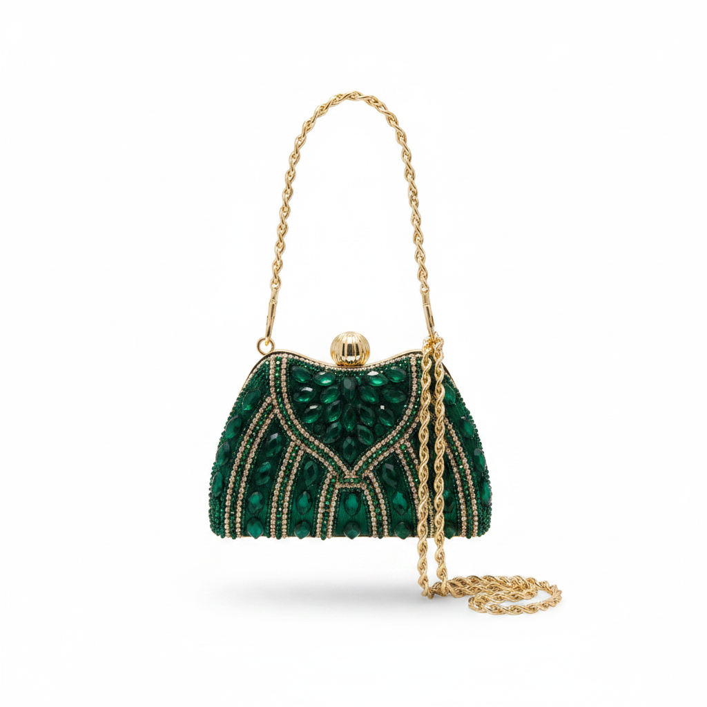Beaded Cage Frame Evening Clutch – Olive Green,navy,silver,gold,red,brown,green, black