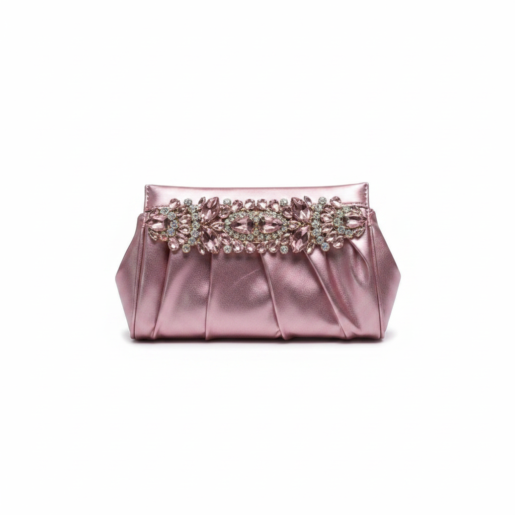 Ruched Metallic Crystal Brooch Clutch