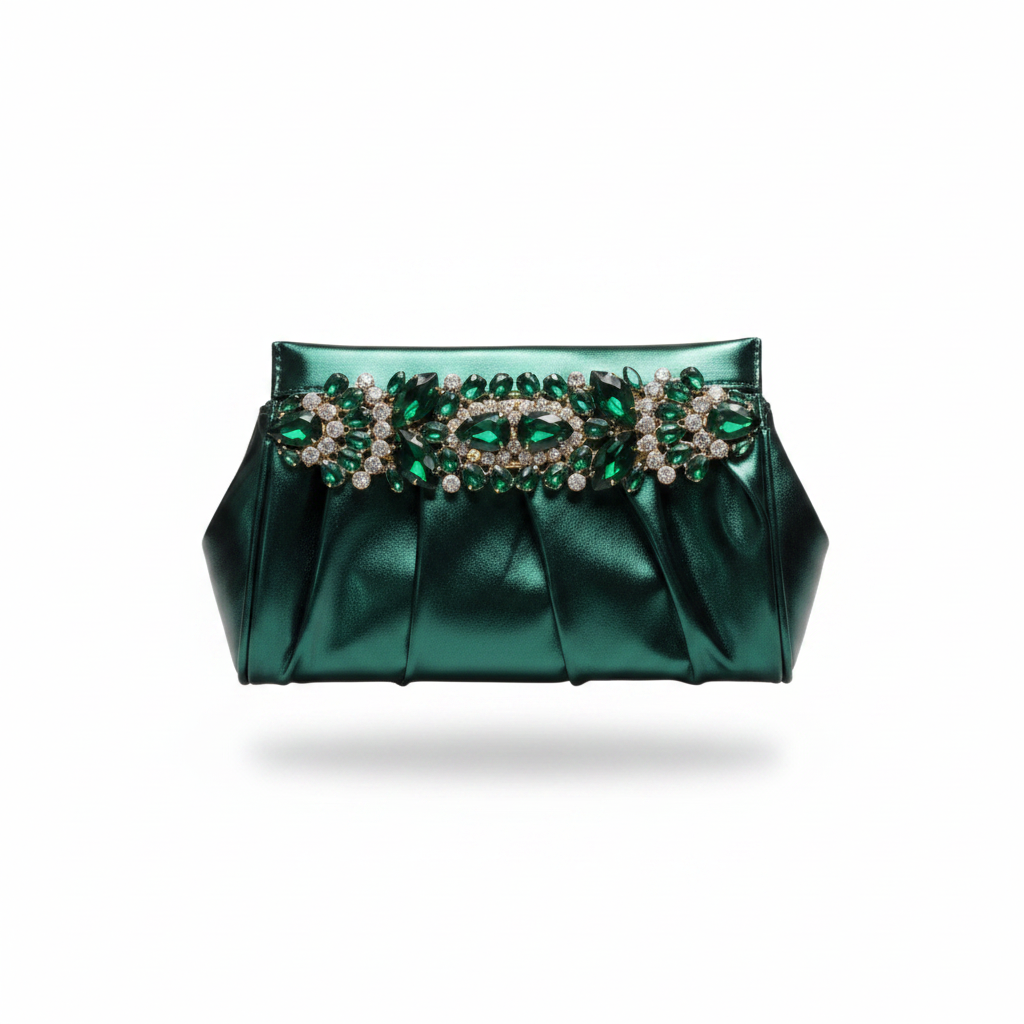 Ruched Metallic Crystal Brooch Clutch