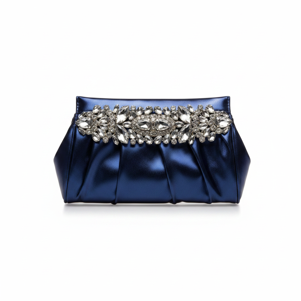 Ruched Metallic Crystal Brooch Clutch