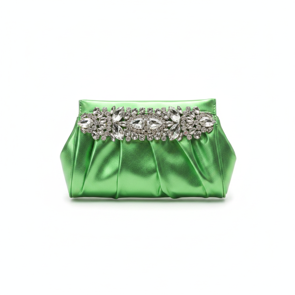Ruched Metallic Crystal Brooch Clutch