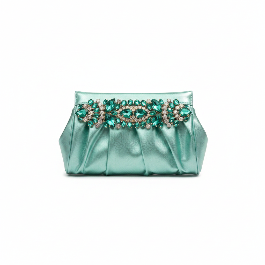 Ruched Metallic Crystal Brooch Clutch