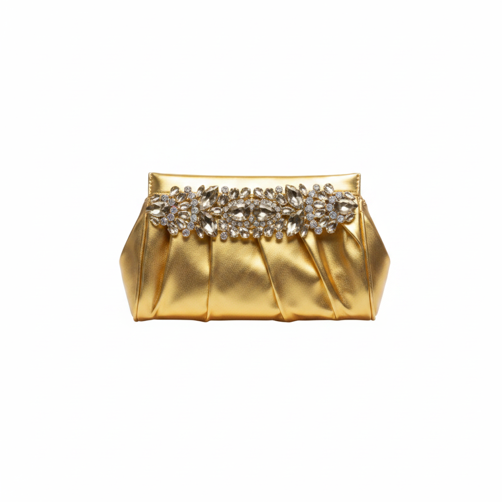 Ruched Metallic Crystal Brooch Clutch