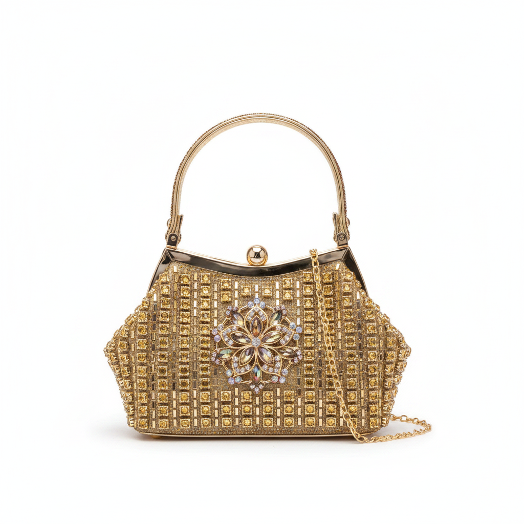 Crystal Grid Brooch Frame Handbag – Gold