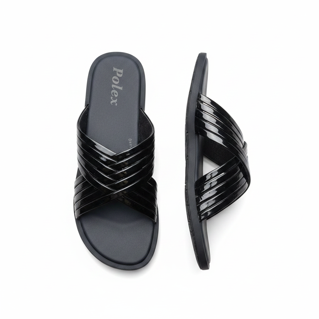 Women's All-Black Patent Multi-Strap Crossover Slide Slippers