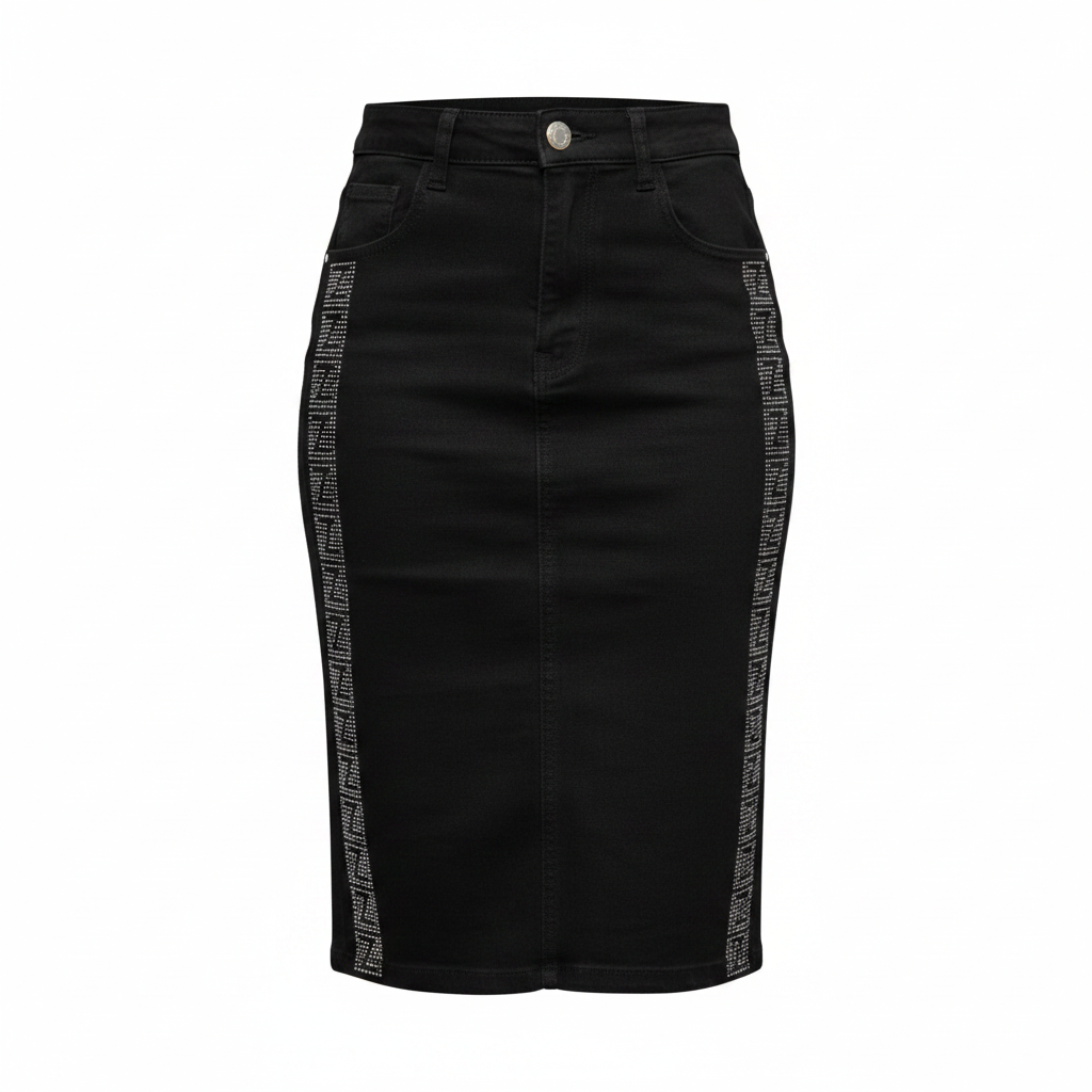 Ghost Mannequin - Black Denim Crystal Side Panel Midi Skirt