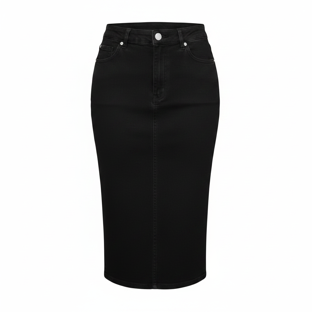 Ghost Mannequin - Black Denim High-Waist Fitted Midi Pencil Skirt