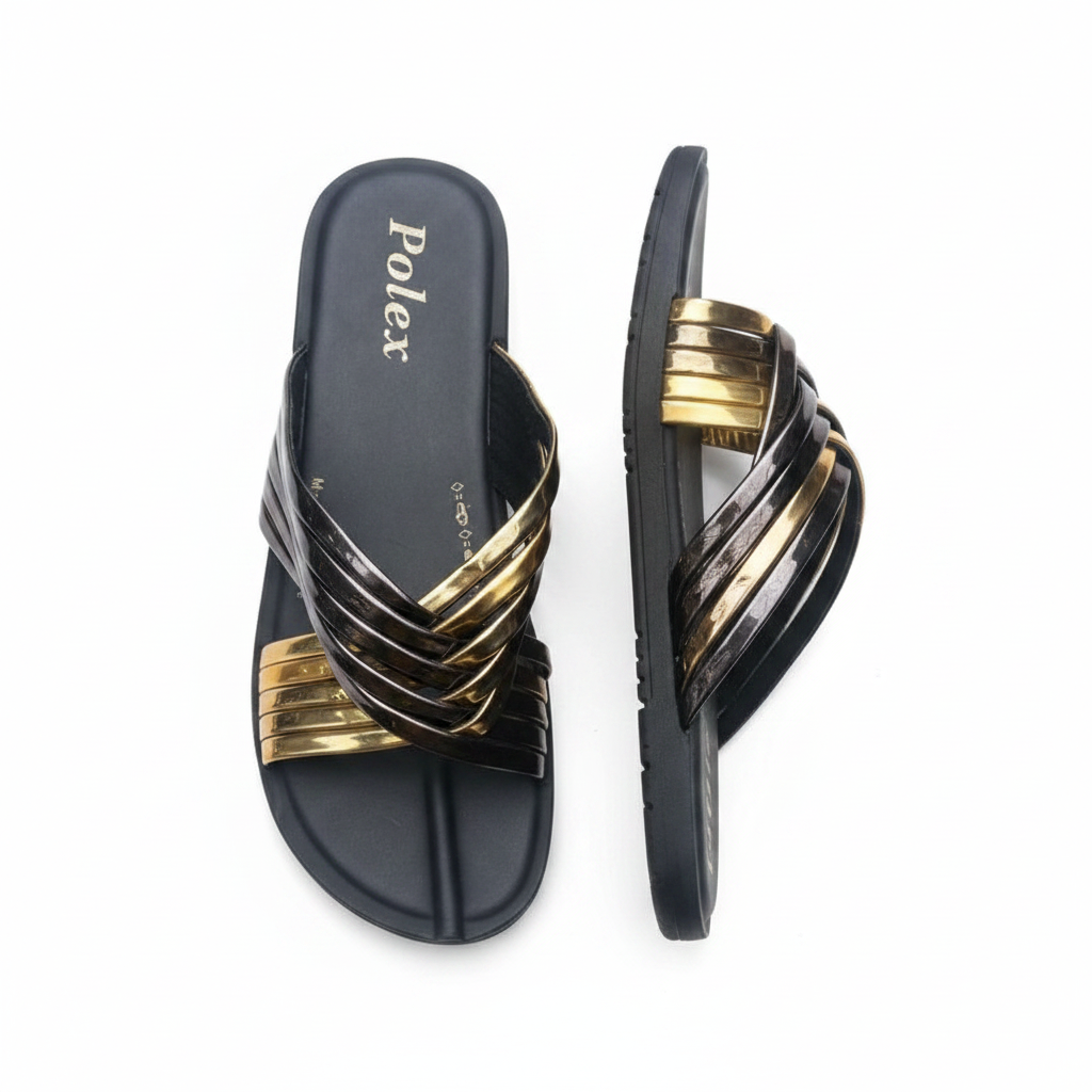 Women's Black & Gold Metallic Multi-Strap Crossover Slide Slippers
