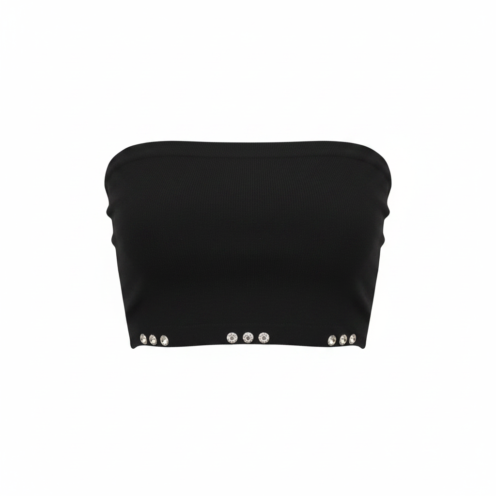Ghost Mannequin - Black Knit Crop Tube Top with Silver Rhinestone Hem Detail