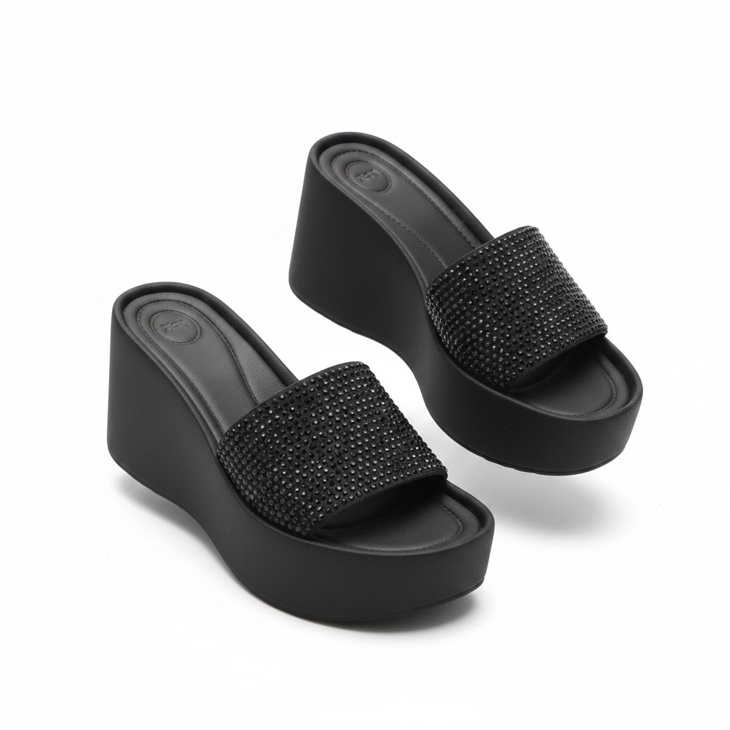 Ghost Mannequin – Black Rhinestone Wedge Slides