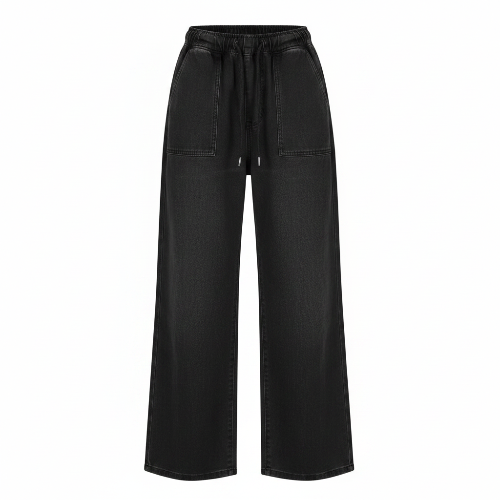 Ghost Mannequin - Black Washed Denim Wide-Leg Drawstring Trousers