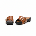 Women's Brown Buckle Strap Block Heel Slides