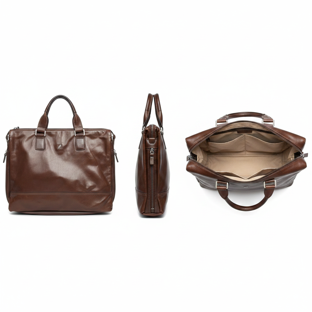 Ghost Mannequin – Brown Leather Laptop Tote Front / Side / Interior