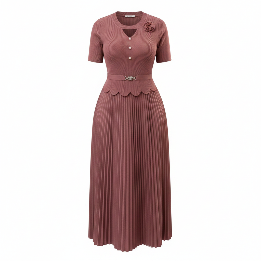 Ghost Mannequin – Dusty Rose Ribbed Knit Straight Midi Dress