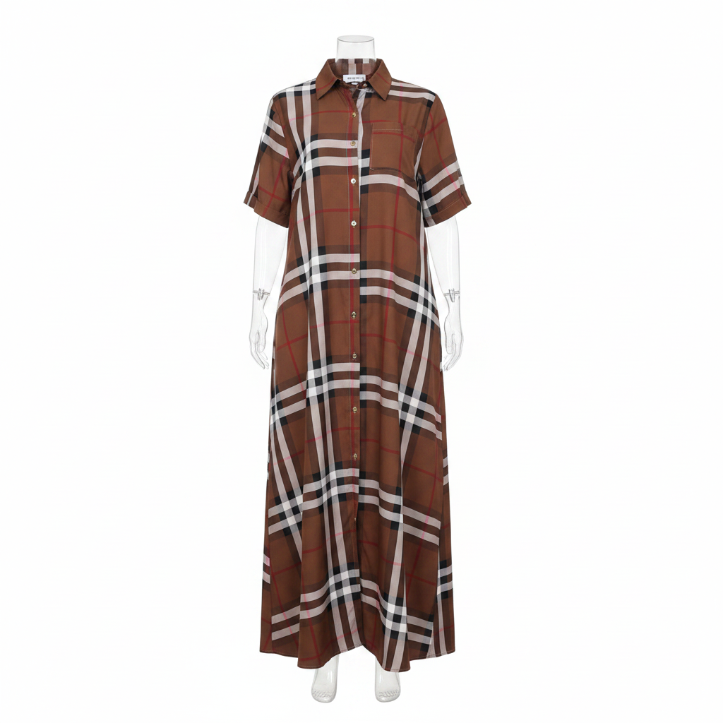 Ghost Mannequin Front — Brown Tartan Maxi Shirt Dress