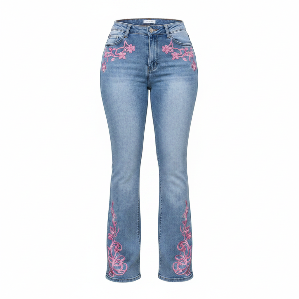 Ghost Mannequin Front View - Light Blue Bootcut Jeans Pink Floral Embroidery