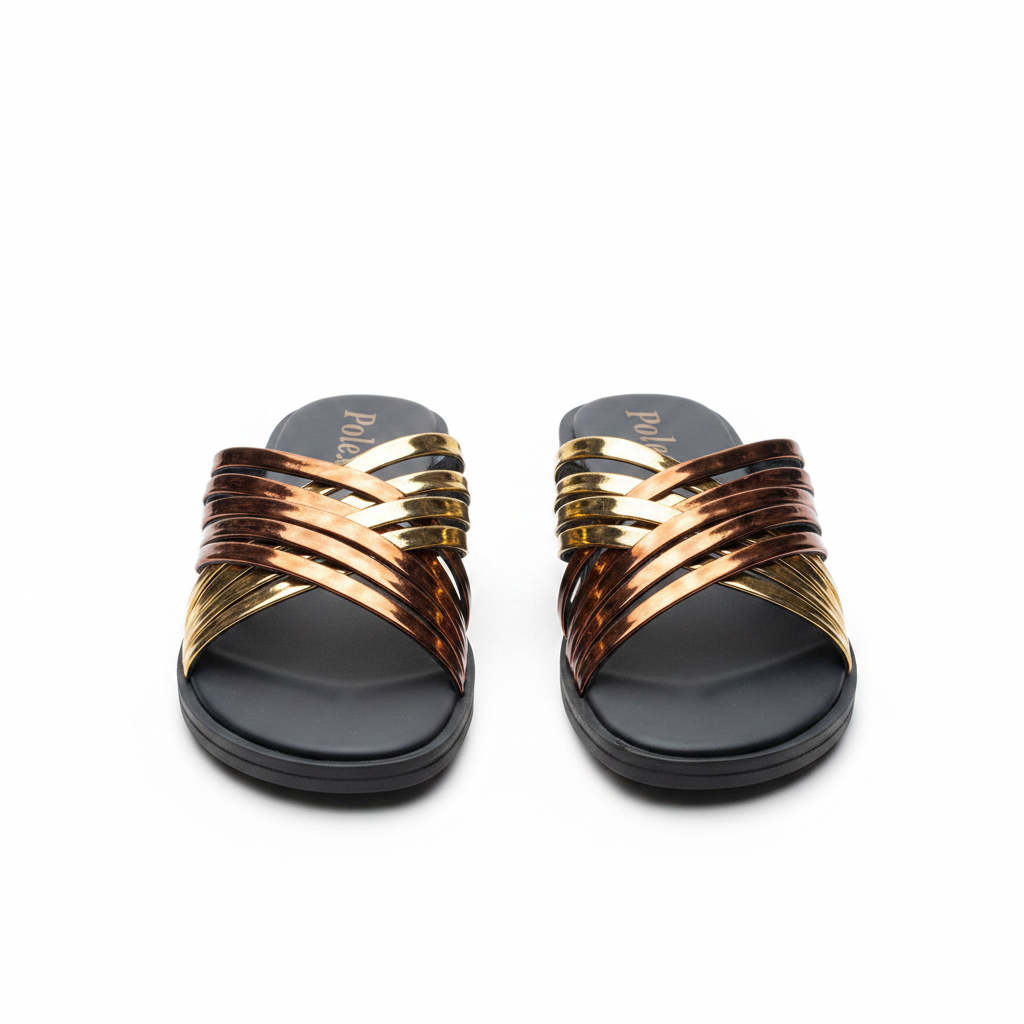Women's Gold Bronze Metallic Multi-Strap Crossover Slide Slippers