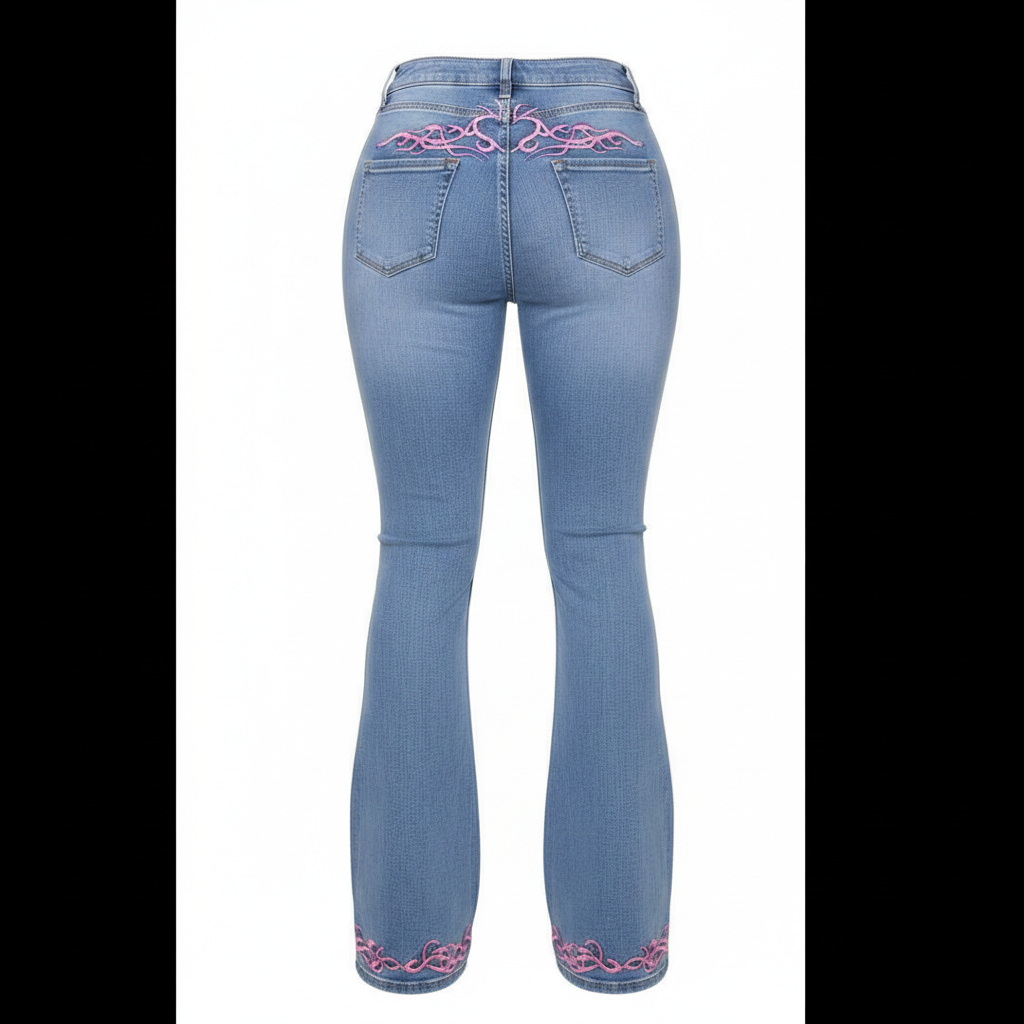 Ghost Mannequin - Light Blue High-Waist Bootcut Jeans with Pink Floral Embroidery