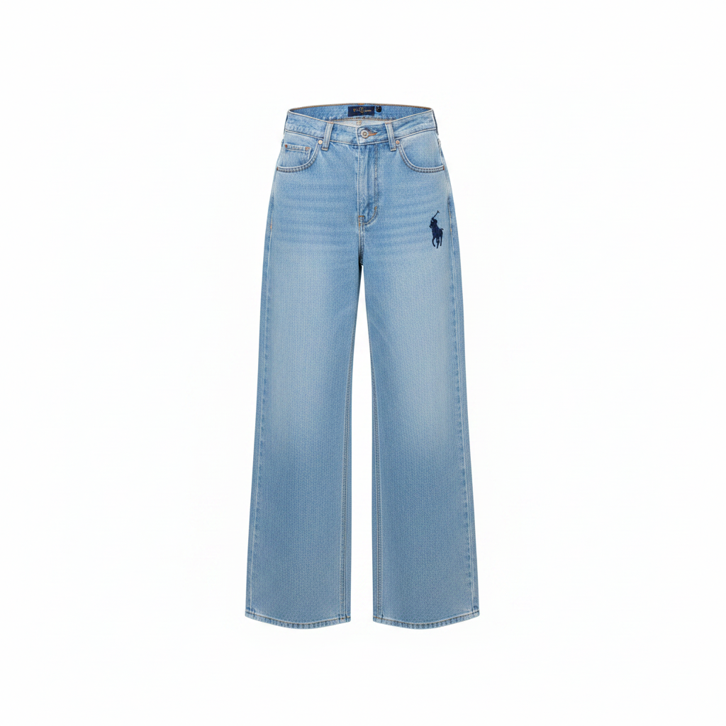 Ghost Mannequin - Light Blue High-Waist Wide-Leg Jeans with Equestrian Embroidery