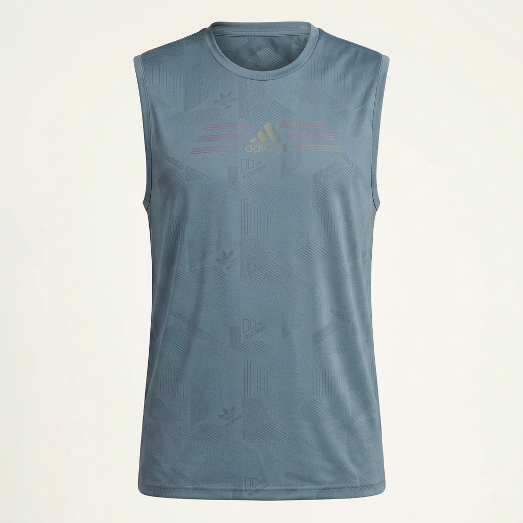 Ghost mannequin matching the model’s blue-grey sleeveless top