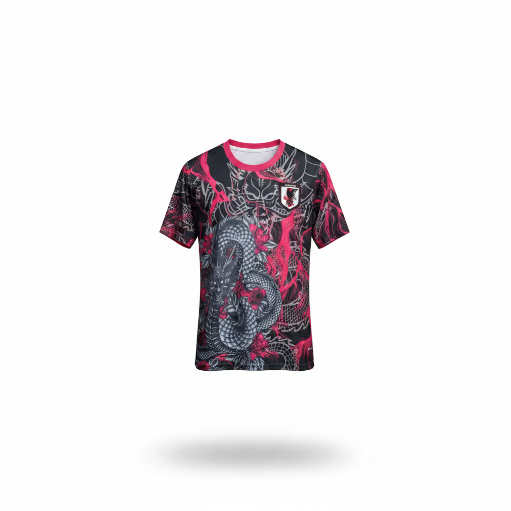 Ghost Mannequin — Men's Black Dragon & Pink Floral Tattoo Football Jersey