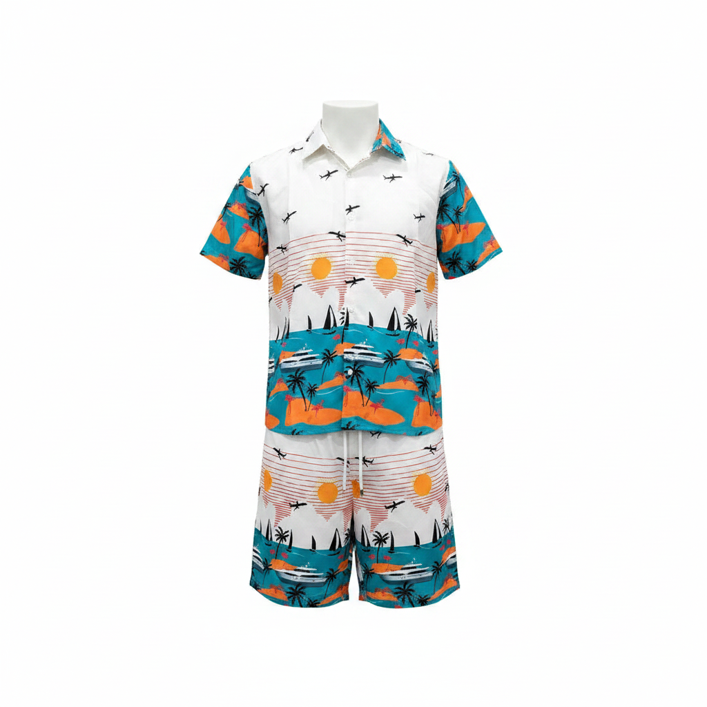 Ghost Mannequin – Men's White Tropical Scene Beach Co-ord Set