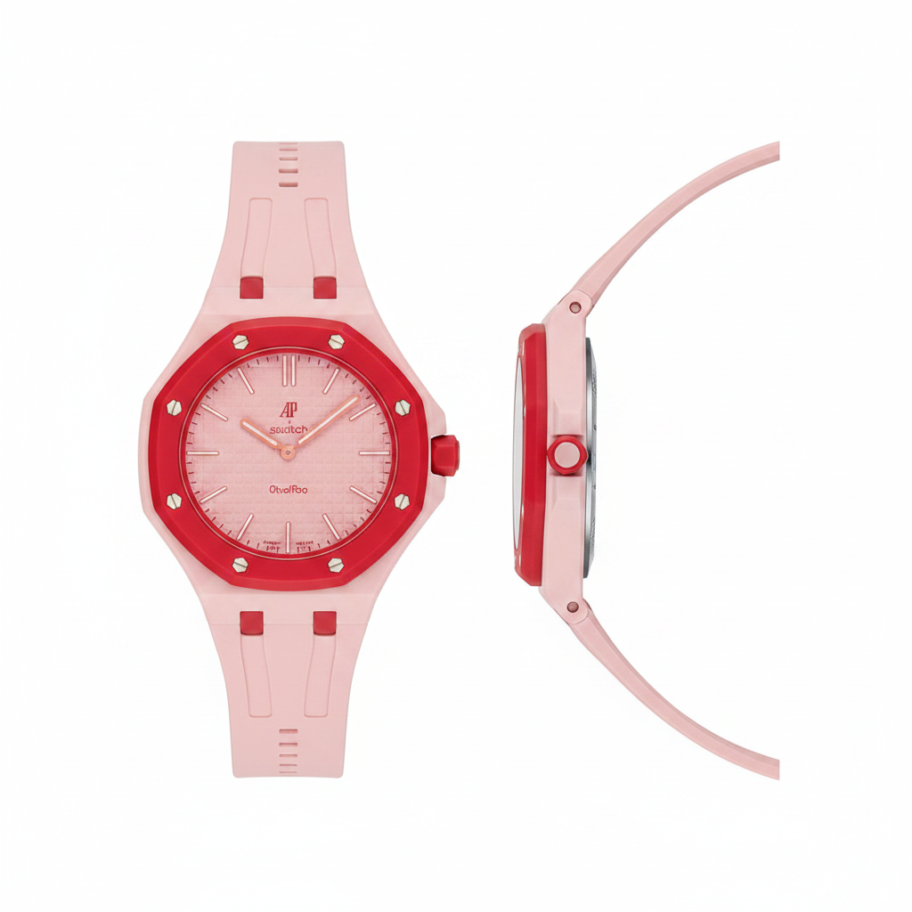 Unisex Blush Pink & Red Octagonal Pop Watch — Solid Dial, Rubber Strap