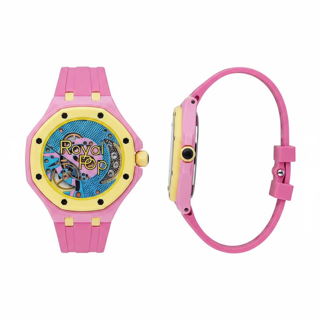 Unisex Pink & Yellow Octagonal Skeleton Pop Watch — Sky Blue Movement, Rubber Strap