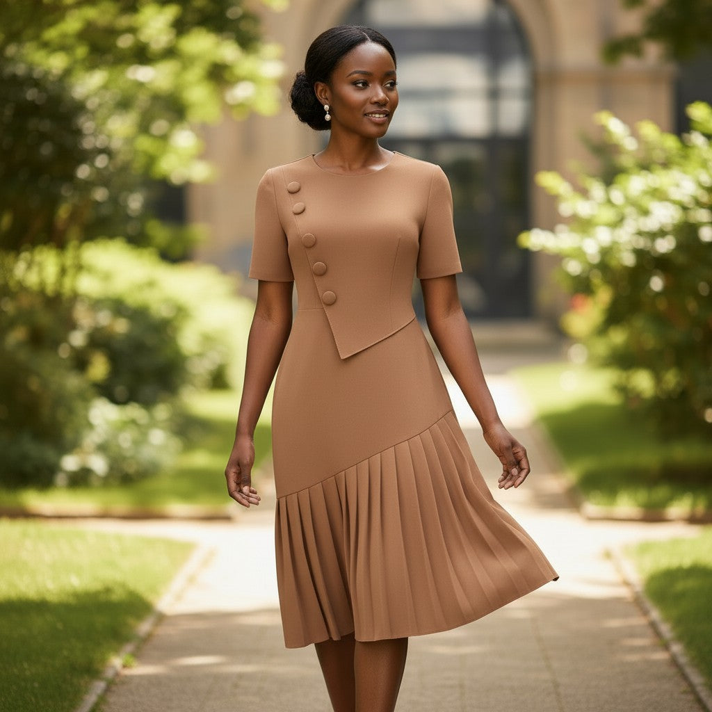 Women's Slate Asymmetric Button-Panel Pleated-Hem Midi Dress