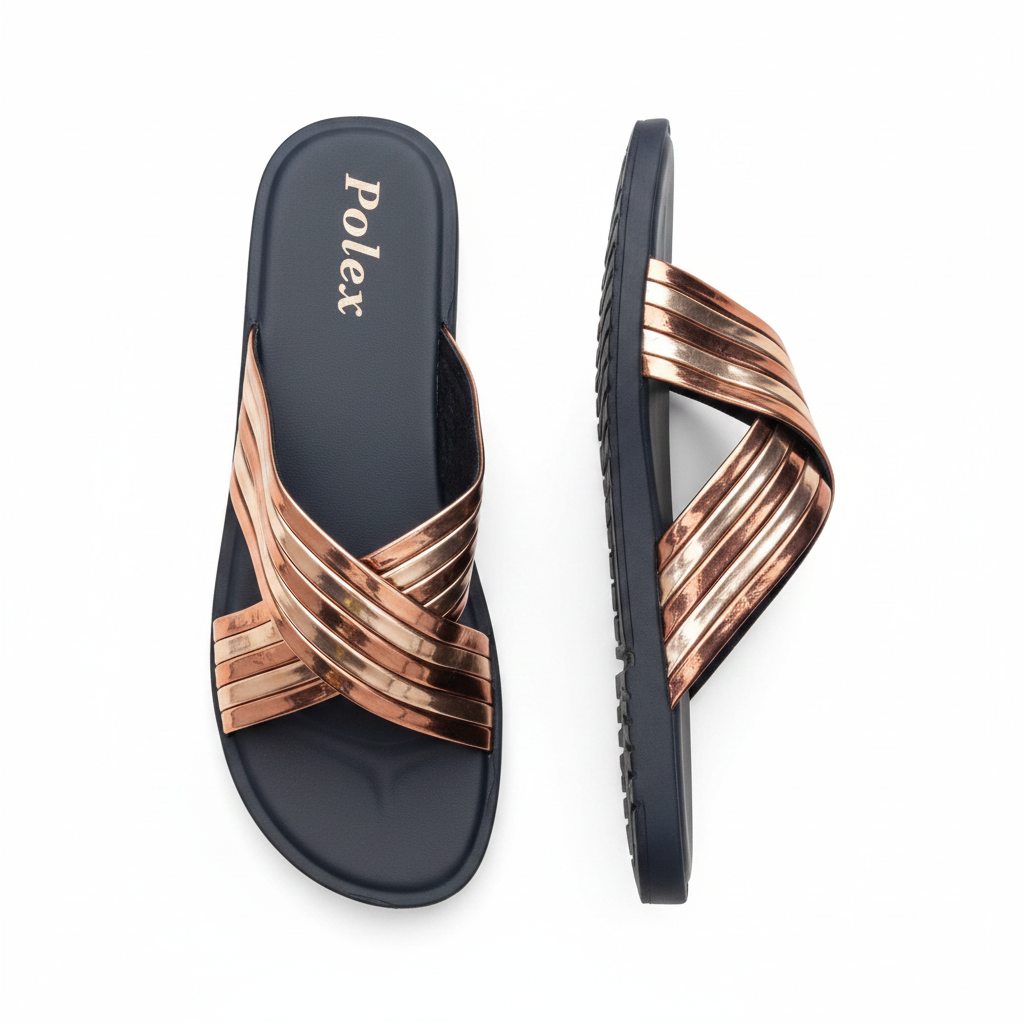 Women's Rose Gold Metallic Crossover Strap Slide Slippers