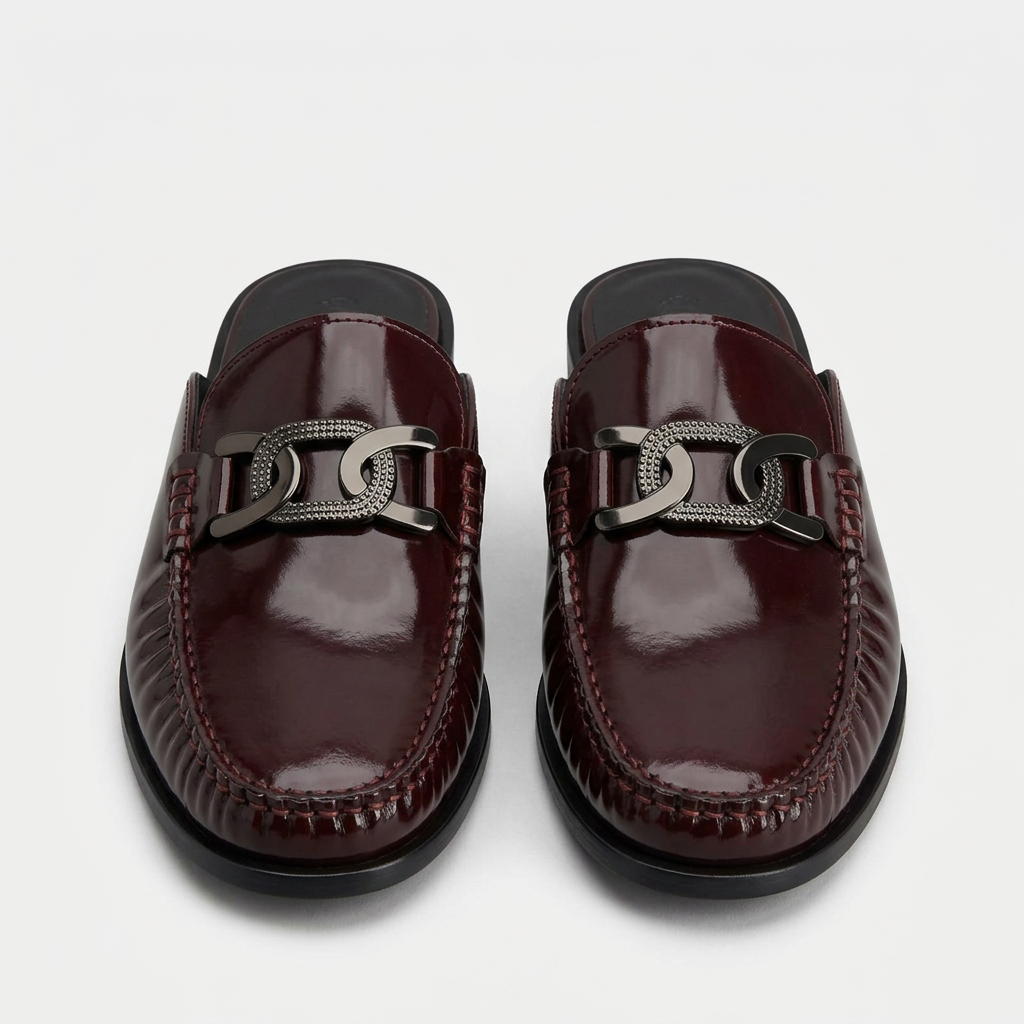Men's Burgundy Buckle-Detail Backless Mule Shoes