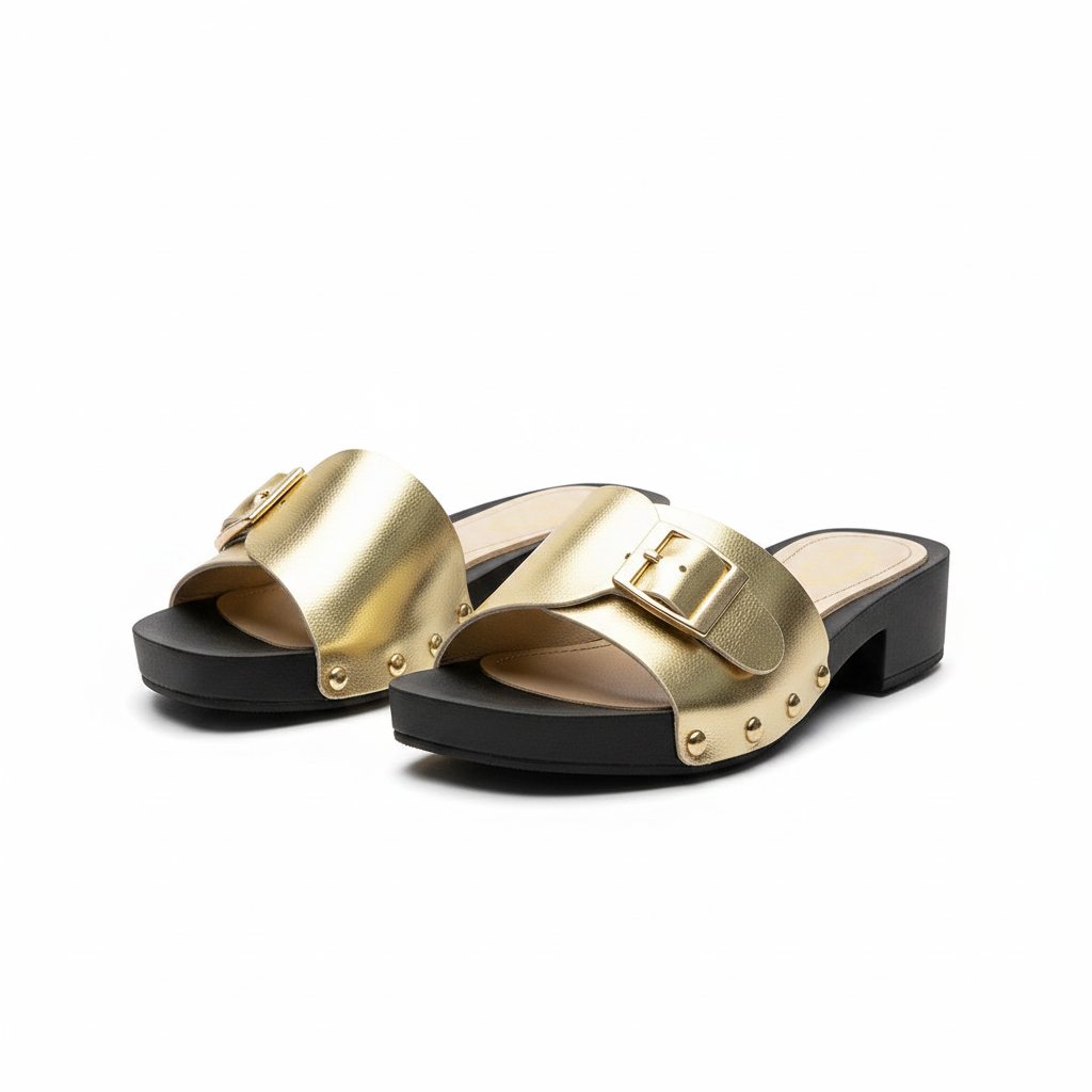 Women's Gold Metallic Buckle Strap Block Heel Slides