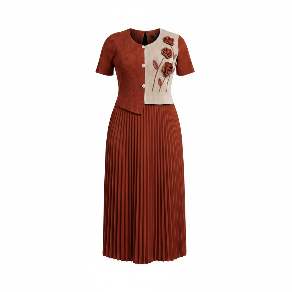 Ghost Mannequin – Rust & Beige 3D Rose Straight Midi Dress