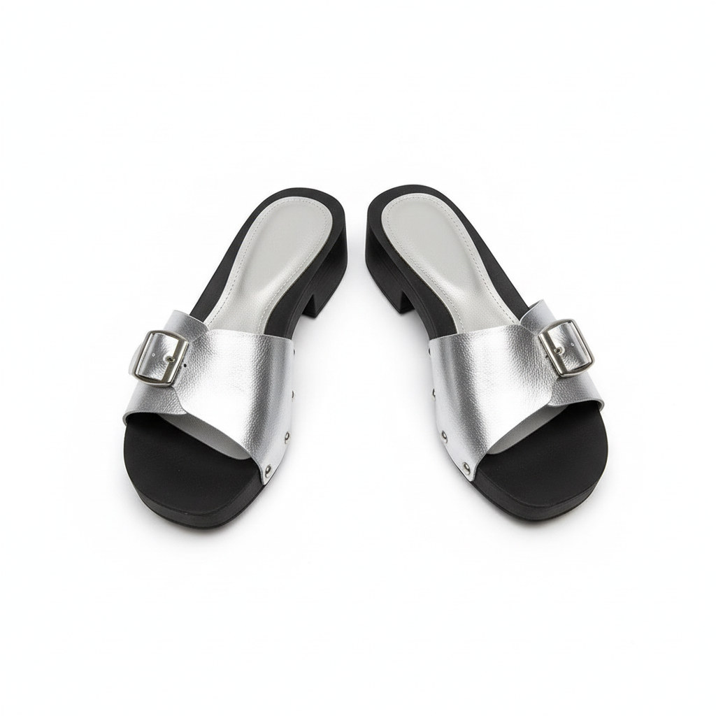 Women's Silver Metallic Buckle Strap Block Heel Slides