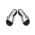 Women's Silver Metallic Buckle Strap Block Heel Slides