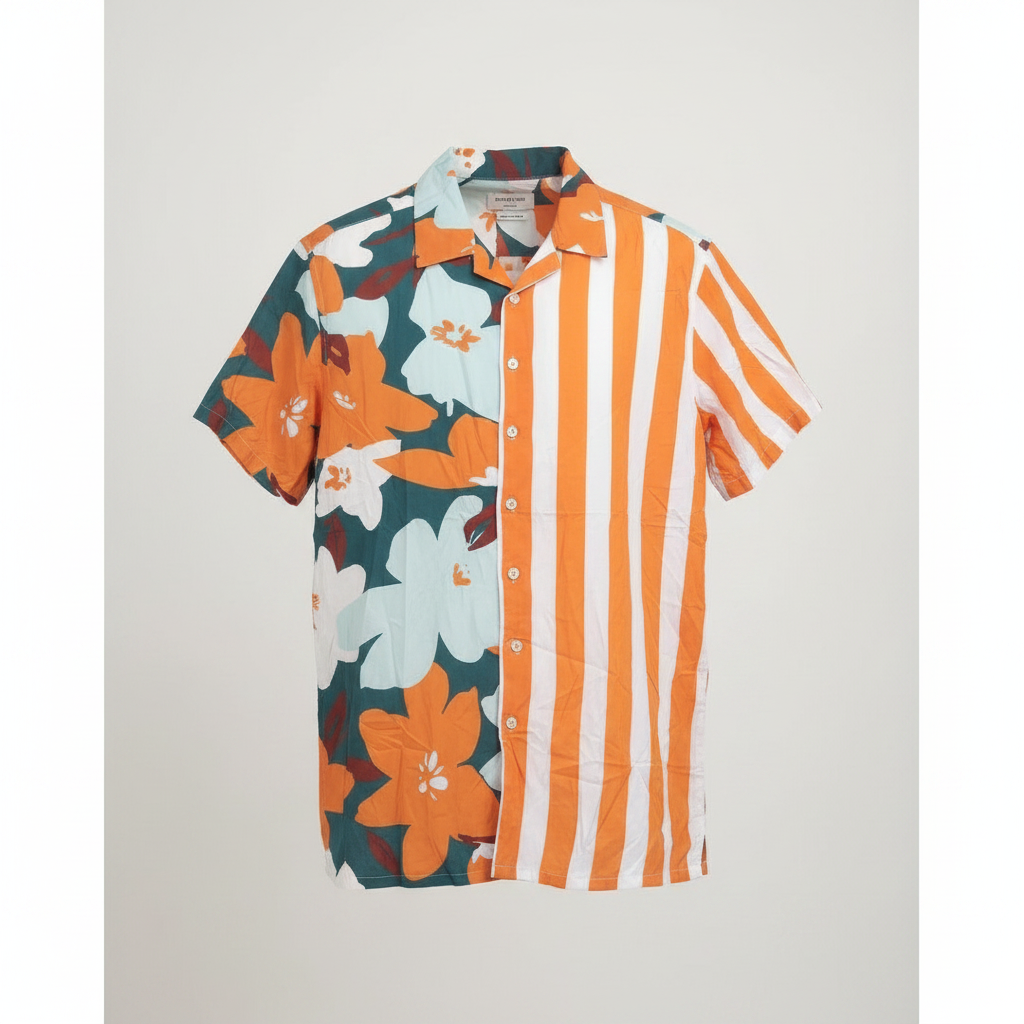 Split-Panel Floral & Stripe Short-Sleeve Shirt
